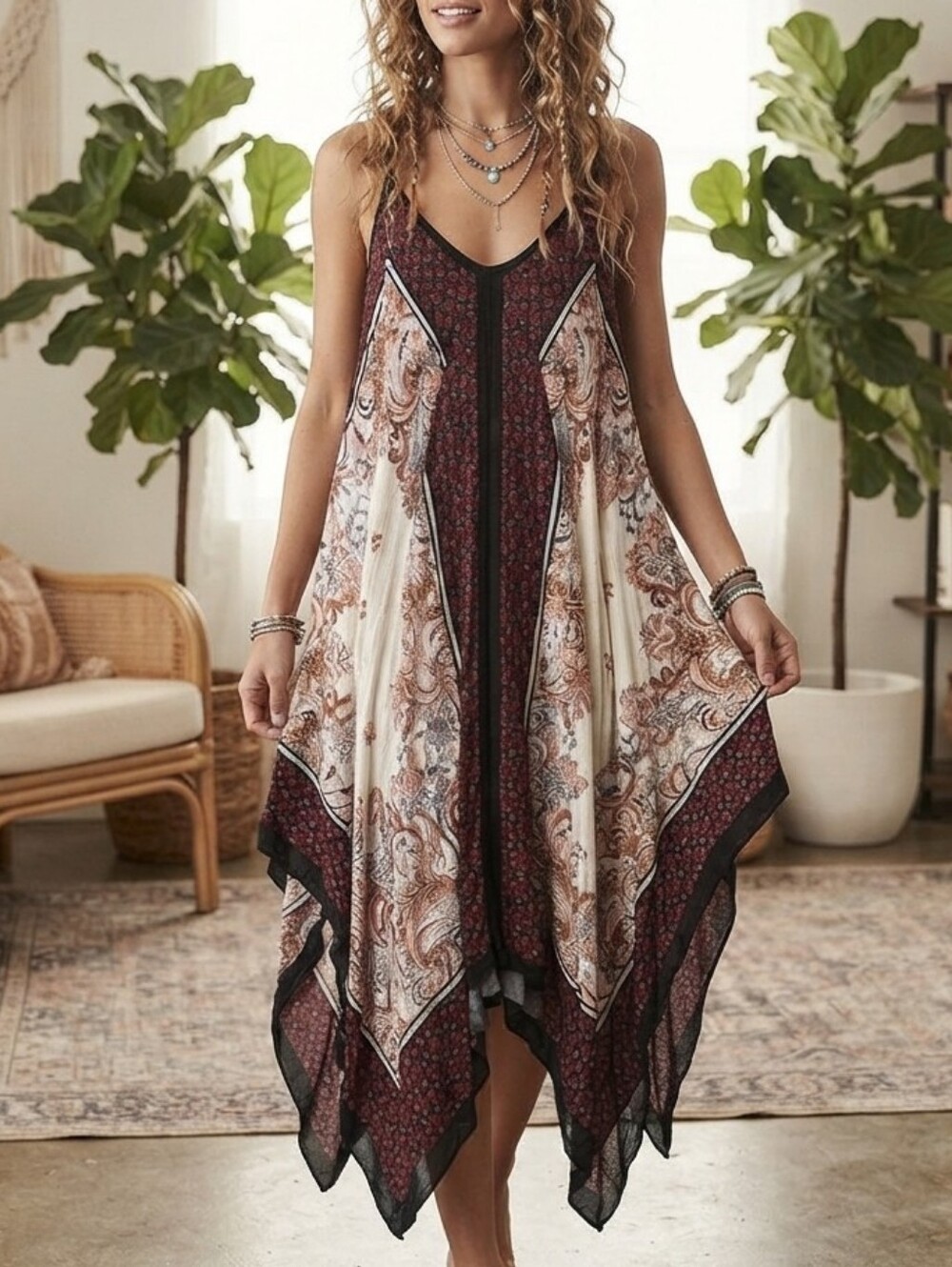 Forever 21 Paisley Boho Handkerchief Hem Flowy Dress Size Small